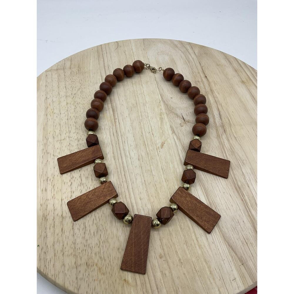 Necklace Brown Wood Beaded Rectangle Pendant Statement 22 In‎ Lobster Womens